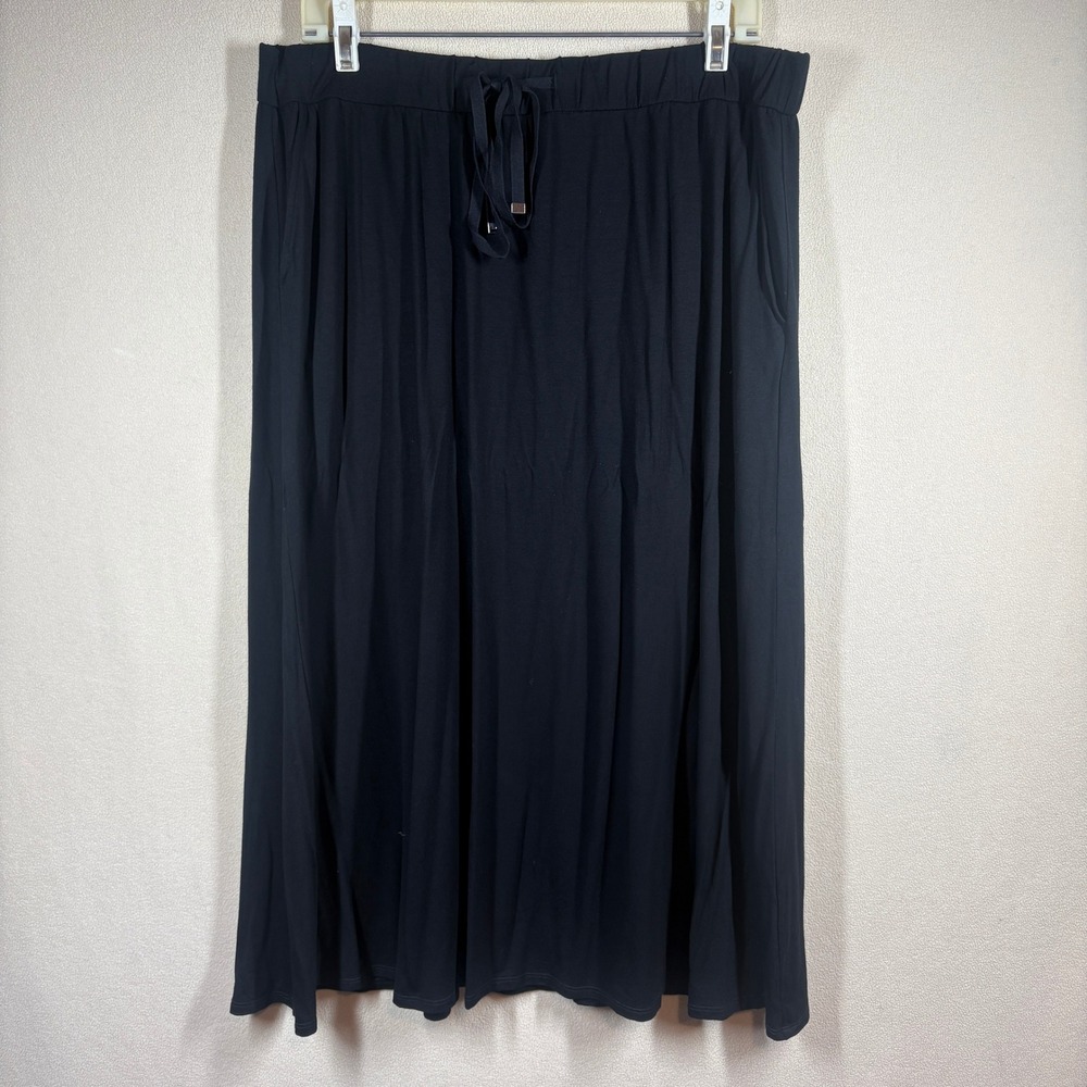 Eileen Fisher Viscose Jersey Drawstring Midi Skirt Pockets Lg Black Minimalist